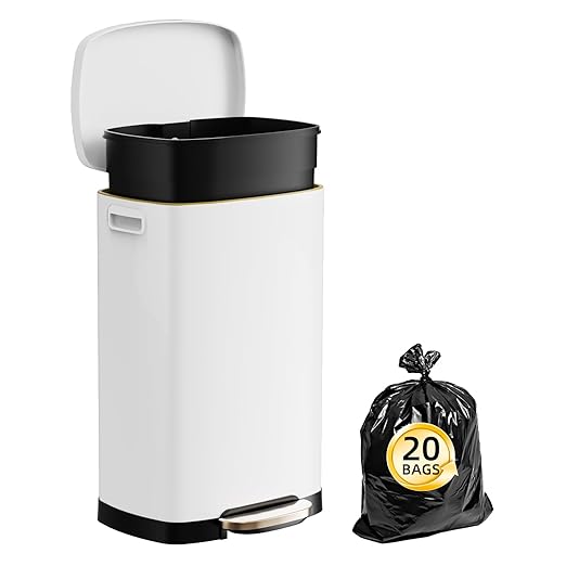 KdbK 13 Gallon Trash Can with Lid, 50L Fingerprint Proof Stainless Steel Kitchen Trash Can with Removable Inner Bucket and Lid Soft Close, Pedal Rubbish Bin for Home Office, White