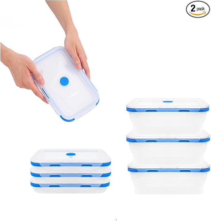 ECOBERI Collapsible Silicone Food Storage Containers, BPA Free, Microwave, Freezer and Dishwasher Safe, Lunch, Meal Prep, Travel, Space-Saving (BLUE 40oz 3PC)