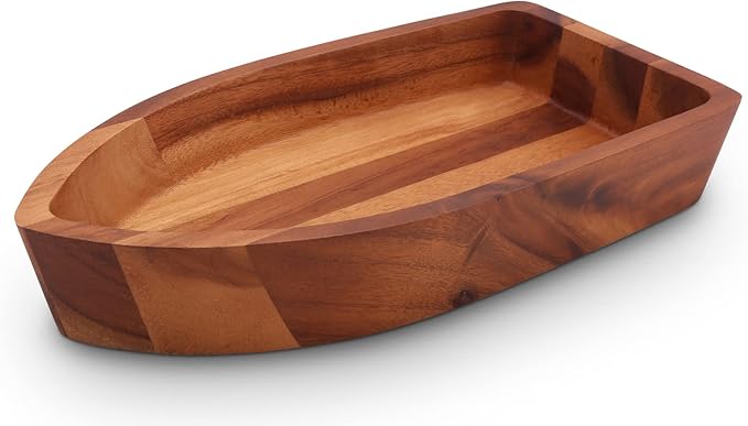 Arthur Court Acacia Wood Serving Bowl for Fruits or Salads Boat Shape Style Large 3 inch Tall x 9 inch Wide x 16 inch Long Wooden Single Bowl