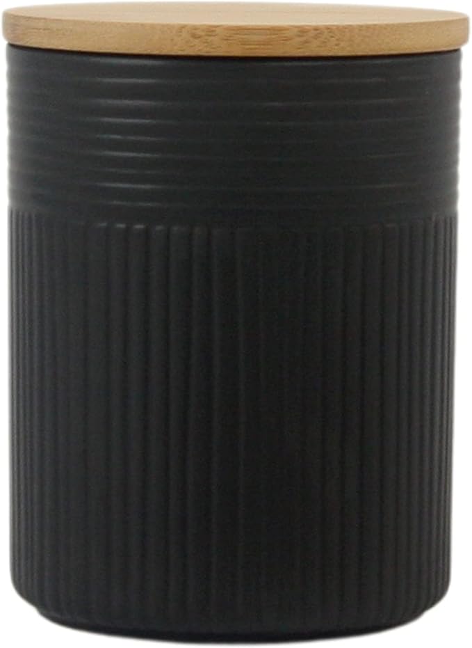 10 Strawberry Street Luca Matte Black Embossed Ceramic Kitchen Canister Set, Set of 3, Bamboo Lids