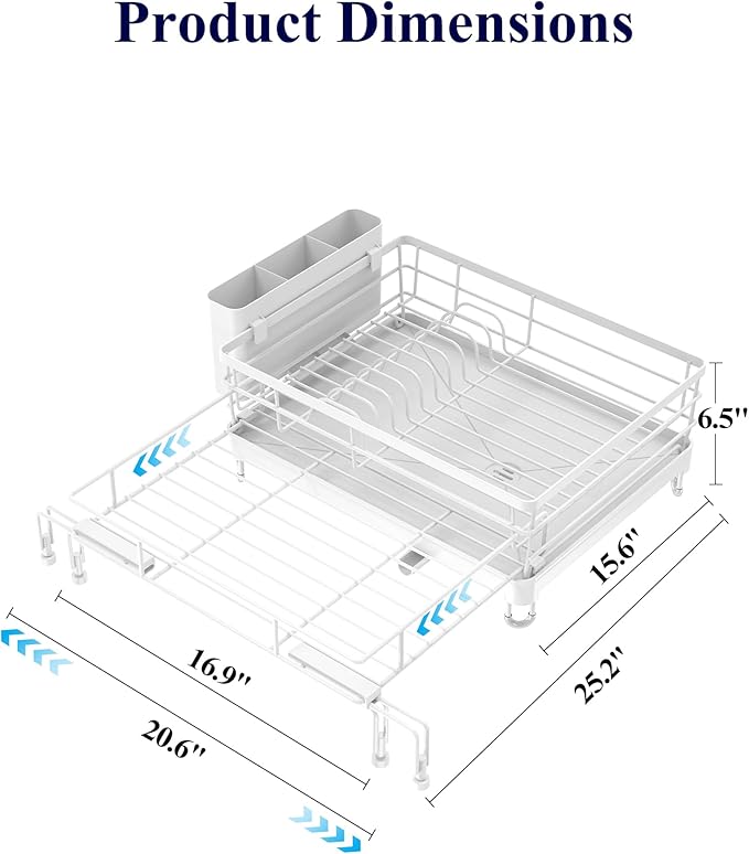 Kitsure Extendable Dish Drying Rack - Rust-Resistant Dish Racks for Kitchen Counter with Adjustable Support Legs, Cutlery Holder & Removable Draining Tray (White, 15.6''-25.2''L × 16.9''W × 8.1''H)