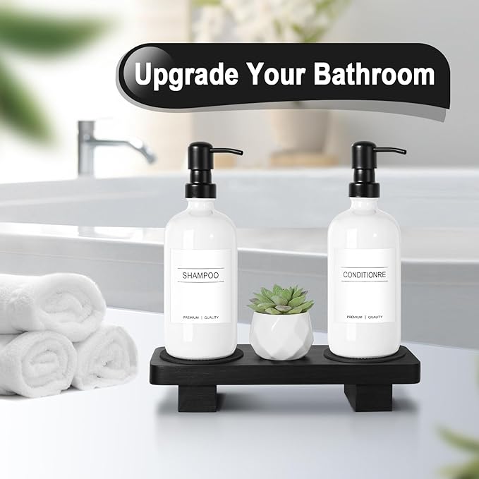 KASUNTING Hand Soap Dispenser for Kitchen, White Soap Dispensers with Stainless Steel Pump, Bathroom Soap Dispenser Set with Wood Riser Tray, Kitchen Dish Soap Dispensers Bathroom Decor(White)