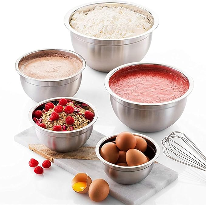 Mixing Bowls, 5Pcs Stainless Steel Mixing Bowl Set, Utensils for the Kitchen, Multifunctional, Stackable, Dishwasher Safe, 3.75L / 3.25L / 2.5L / 2L / 1.3L (Without)