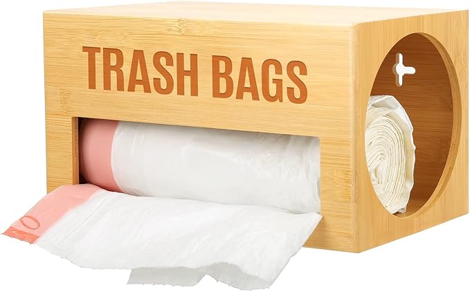 Bamboo Garbage Bag Dispenser Roll Holder - Wall Mount Trash Bag Organizer for 13-33 Gallons, Under Sink Kitchen Grocery Bag Storage Container, Not Suitable for Large Roll