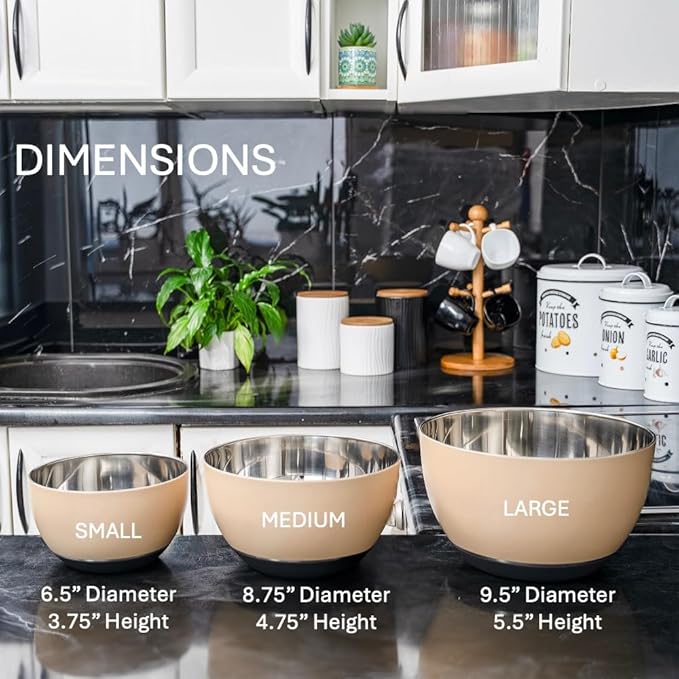 WHYSKO Stainless Steel Mixing Bowls Set of 3 with Non-Slip Silicone Base, Nesting Metal Bowls for Meal Prep, Baking, Cooking & Food Storage, Dishwasher Safe Kitchen Mixing Bowls, Tan
