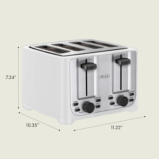 BELLA 4 Slice Toaster with Auto Shut Off - Extra Wide Slots & Removable Crumb Tray and Cancel, Defrost & Reheat Function - Toast Bread & Bagel, White