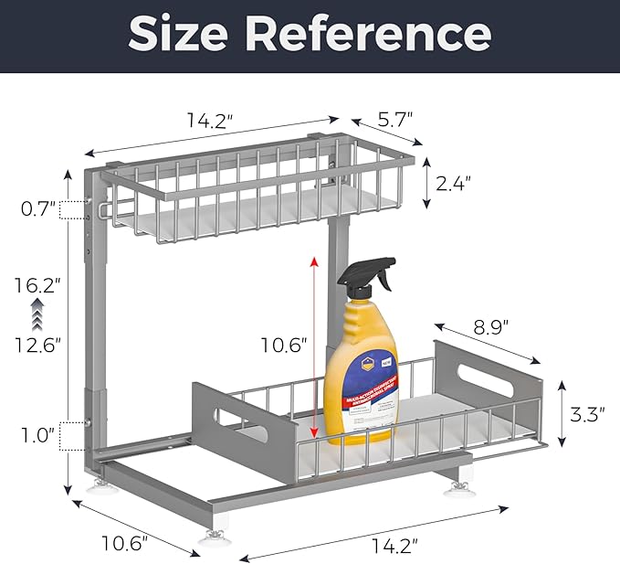 L-Shaped Under Sink Organizer, 2 Pack 2-Tier Pull Out Metal Kitchen Cabinet Organizer with Sliding Storage Drawer, Height Adjustable Heavy Duty Under Bathroom Sink Storage for Cleaning Supplies