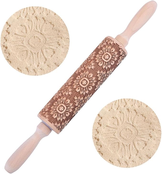 Embossed Wooden Rolling Pin Darker 3D Flower Rattan 36cm Rolling Pin for Baking Biscuits DIY Kitchen Tool Baking Accessories Homemade Bakery Pastry Cookie Fondant Dough Pizza