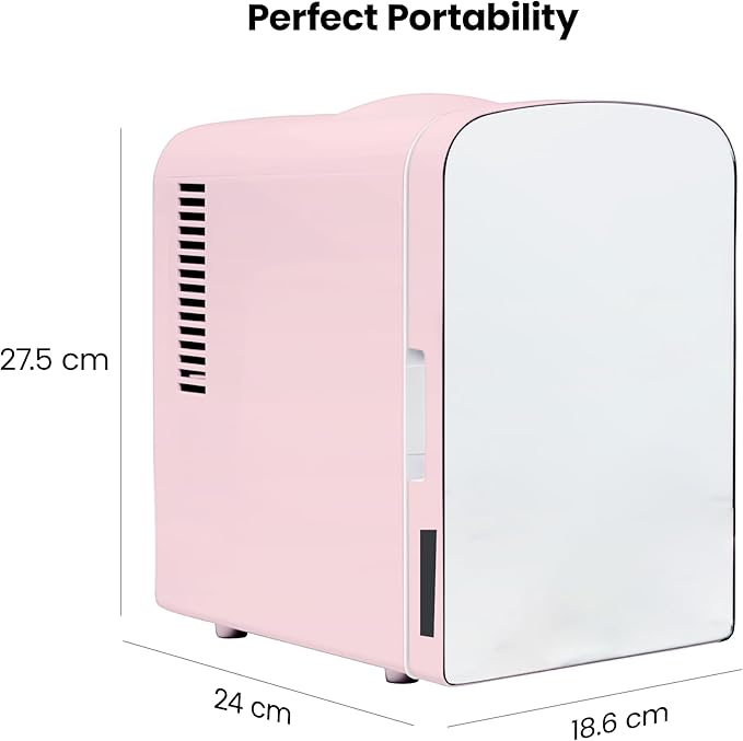 Chefman - Iceman Portable Mirrored Personal Fridge 4L Mini Refrigerator, Skin Care, Makeup Storage, Beauty, Serums & Face Masks, Small For Desktop Or Travel, Cool & Heat, Cosmetic Application, Pink