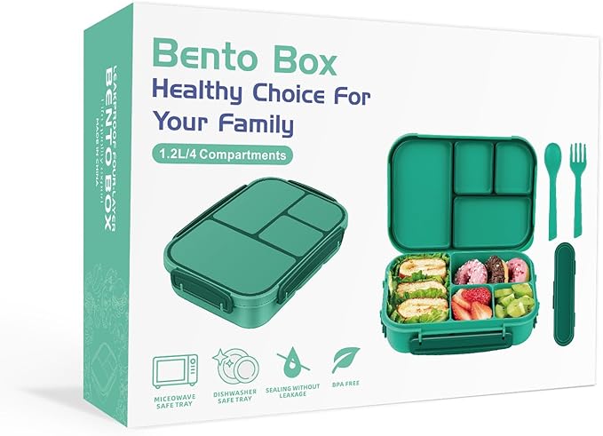 Amathley Lunch Box Kids,Bento Box Adult,Leakproof Lunch Containers for Adults/Kids/Toddler,1200ML-4 Compartments bento Lunch box with Utensil,Microwave & Dishwasher & Freezer Safe (Green)