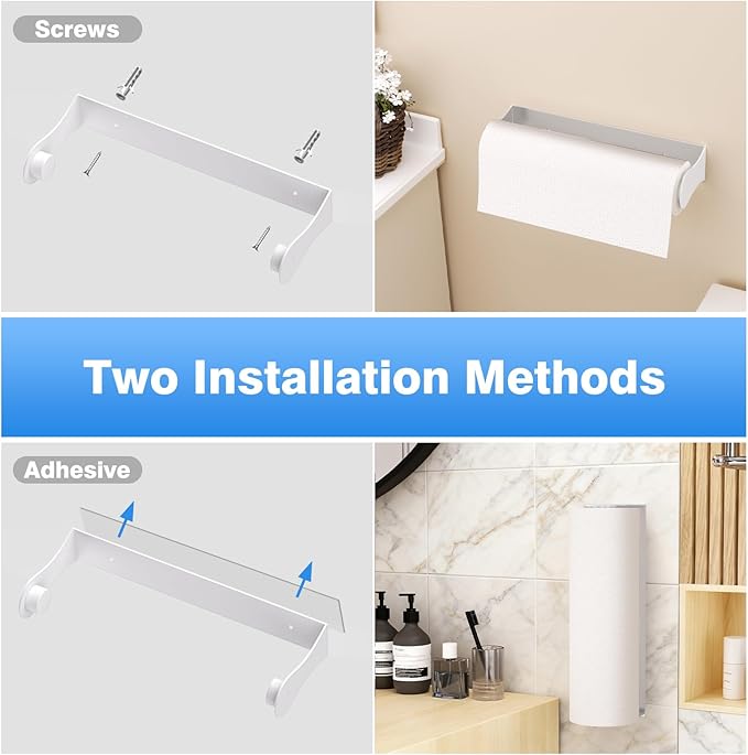 Paper Towel Holder Under Cabinet, White, Adhesive & Wall Mount, Under Counter Paper Towel Rack for Kitchen and Bathroom, Home and Kitchen Decor