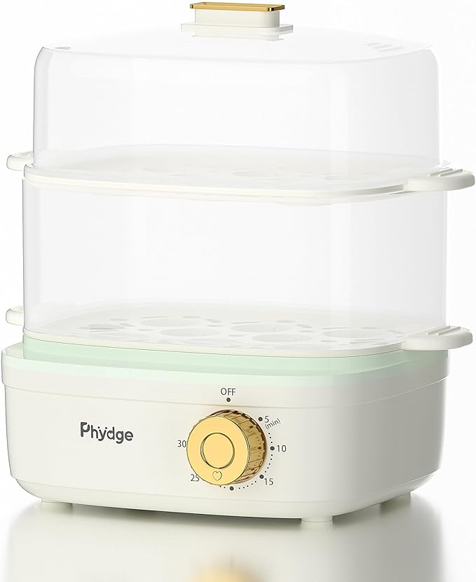 Electric Food Steamer for Cooking, 2-Tier Rapid Egg Cooker, Stackable Steam Cooker for Baby Food, Meal Prep, Quick Healthy Cooking for Vegetables, BPA-Free, 30-Min Timer, 3 Containers&1 Spoon Included
