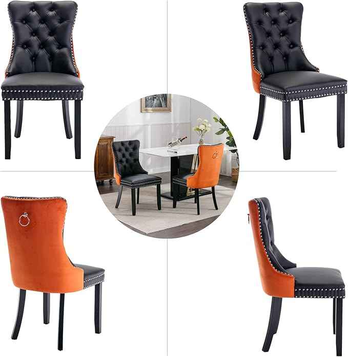 Dining Chairs Set of 2, Upholstered Dining Room Chairs with Back Ring Pull Trim and Solid Wood Legs, Modern Tufted Kitchen Chairs Perfect for Dining Room, Black Pu Leather Splicing Orange Velvet