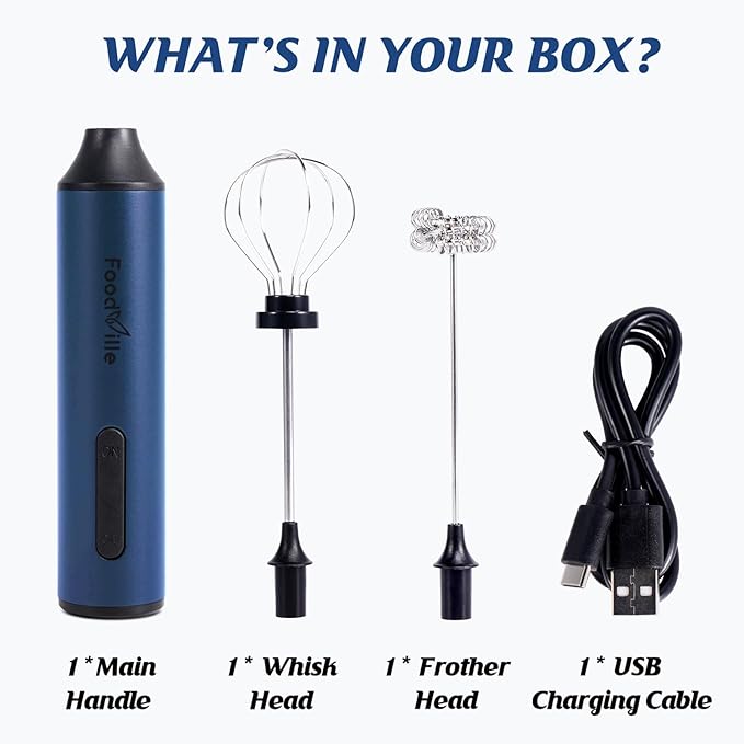 FoodVille MF05 Rechargeable Milk Frother USB Charging Handheld Foam Maker with Stainless Balloon Whisk for Cappuccino, Latte, Bulletproof Coffee, Keto Diet, Protein Powder, Matcha (Navy Blue)