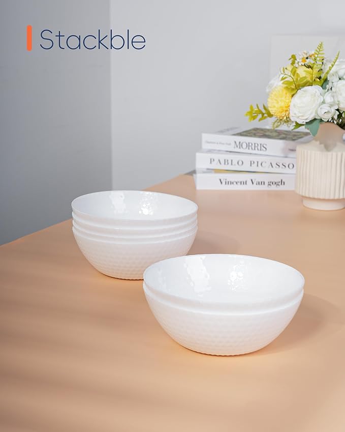 27 OZ Max Cereal Soup Bowl Set of 6, Opal Glass 7.2 inch White Geometric Faceted Bowls for Ramen, Noodle, Salad, Fruit, Dishwasher and Microwave Safe