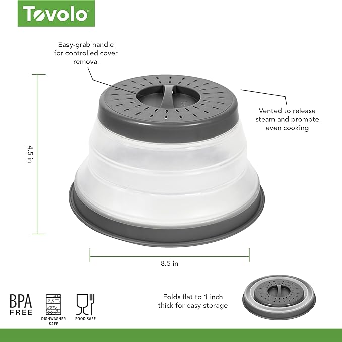 Tovolo Small Collapsible Microwave Cover, Lid for Reheating Food, Meal Prep Kitchen Gadget, No Mess Folding Bowl Cover Kitchen Tool, Charcoal