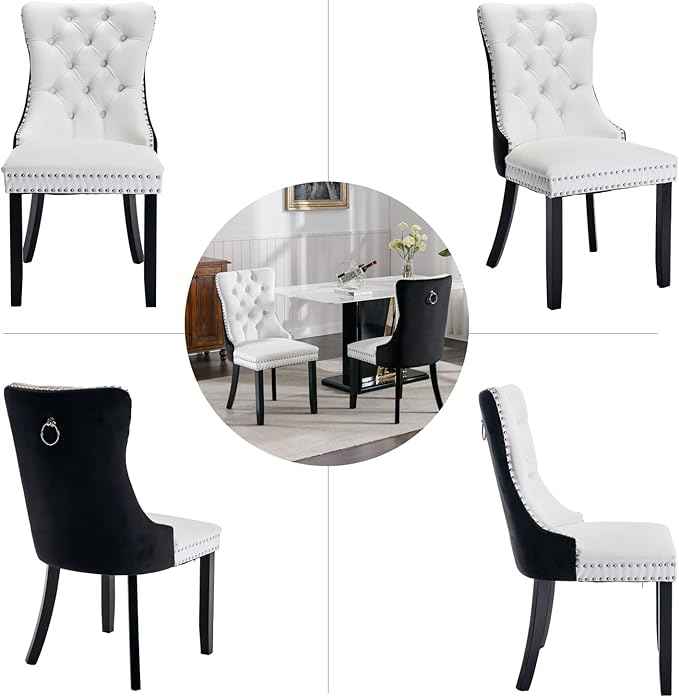 Dining Chairs Set of 2, Upholstered Dining Room Chairs with Back Ring Pull Trim and Solid Wood Legs, Modern Tufted Kitchen Chairs Perfect for Dining Room, White Pu Leather Splicing Black Velvet