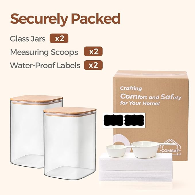 ComSaf 2Pcs Large Glass Storage Containers with Lids 4Qt, 1 Gallon Wide Mouth Flour Sugar Storage Containers, Large Capacity and Sealed for Rice, Cereal, Oat, Easy Clean and Scoop, Pantry Organization