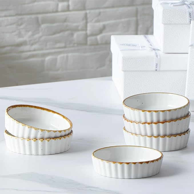 ONEMORE Ramekins 4 oz - Oven Safe Shallow Ramekins with Brown Rim for Creme Brulee - Speckled, Fluted, Set of 6