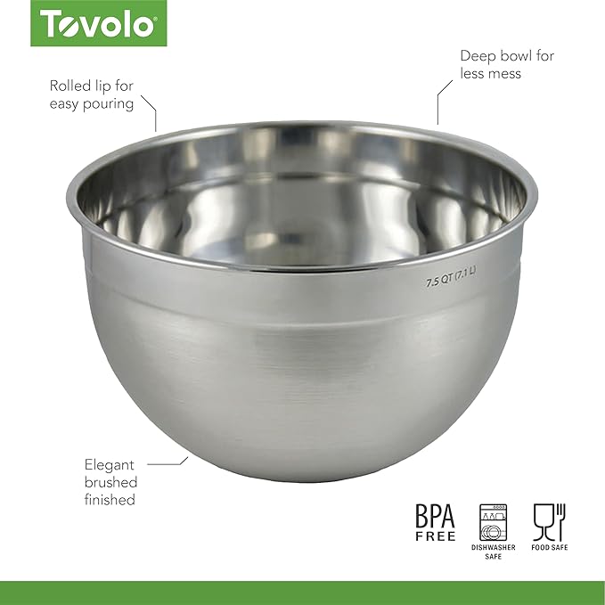 Tovolo XL Mixing Bowl Stainless Steel 7 Quart Extra Large Metal Mixing Bowls, Dishwasher Safe Big Deep Metal Bowl for Baking and Cooking Prep with Easy Pour Lip, Bowl for Salad Mixing Bread Kneading