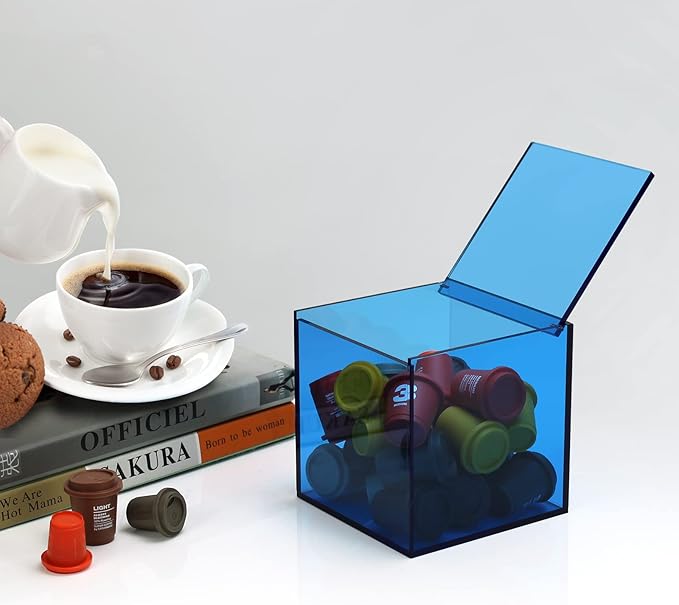 Coffee Capsule Storage Box Coffee Pod Holder Organizers Accessories Anti Dust Durable Clear Acrylic Box for House and Office Use, Blue, 5x5 In