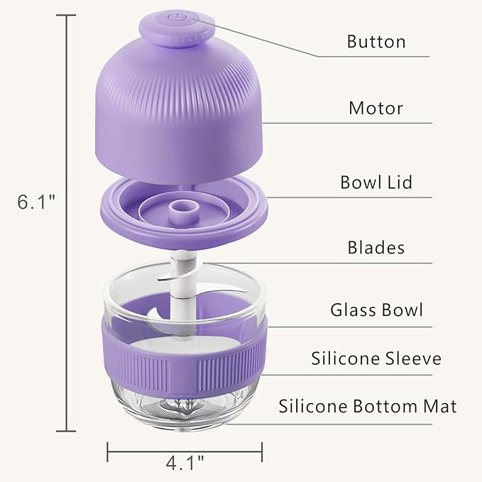 Cordless Food Processor, 350ml Glass Bowl Mini Garlic Chopper Wireless, Battery Operated Electric Food Chopper, Small USB-C Rechargeable Vegetable Meat Blender Grinder, Mixer, Mom's Gift (Purple)