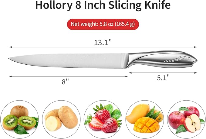 8 Inch Slicing Knife, German High Carbon Stainless-Steel Blade and Full Tang Handle, Super Sharp Slicer Knife for Carving Slicing Cutting of Meat Vegetables and Fruits-Silver