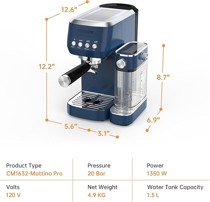 MAttinata Cappuccino Machine 20 Bar, Professional Espresso Machines for Home and Office with Automatic Milk Frothering System, Barista Compact Latte Maker for Coffee Lovers, Stainless Steel-Blue