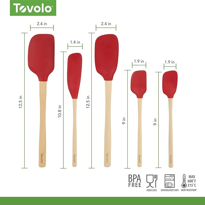 Tovolo Silicone Spatula with Wooden Handle Set of 5 Piece Silicone Kitchen Utensil Set Spoonula Jar Scraper Mini Spatula and Spoonula for Cooking Baking Mixing Folding Cayenne Red