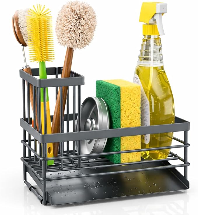 Cisily Sink Caddy Sponge Holder for Kitchen with Brush Holder and Stainless Steel Self Drain Tray, Rustproof Kitchen Sink Organizer for Sponge, Soap Dispenser Storage Accessories (Gray)