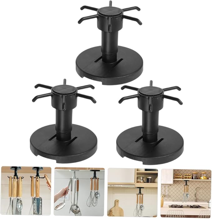 FRCOLOR 3pcs Rotating Kitchen Utensil Hooks Cabinet Hangers Black Under Cabinet Storage Organizer for Spatula Spoon and Knife