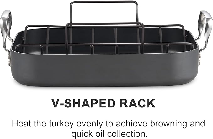 Cooks Standard Turkey Roasting Pan with Rack, Hard Anodized Nonstick 16-Inch x 12-Inch Chicken Ham Roaster Pan Multi-Use Grill Pan with Handles, Black