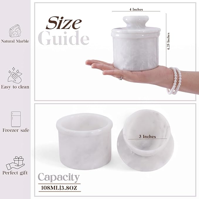 Butter Keeper 4.25 Inches White Handmade Marble Covered Butter Dish with Lid for Countertop, French Butter Crock for Soft Butter Spreader, Perfect Mother’s Day Gift, Kitchen Storage