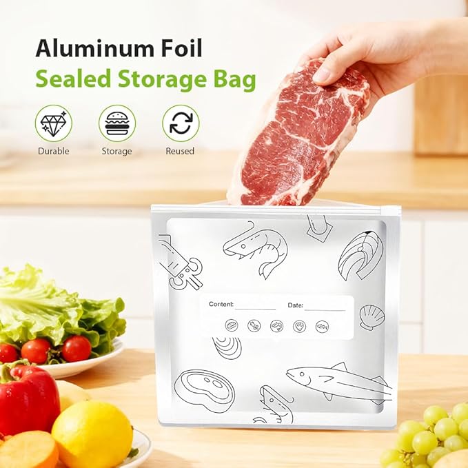 Reusable Aluminum Foil Sealable Storage Bags, 2026 New Resealable Vacuum Zipper Pouches, Stand Up Foil Sealable Bags with Label and Zip Lock for Kitchen (10, Medium)