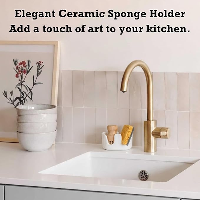 Ceramic Sponge Holder, 2-Slot Dish Sponge Holder for Kitchen Sink, Keeps Sponges Dry & Countertop Clean, Rust-Free & Dishwasher Safe, Stylis Design, Modern White