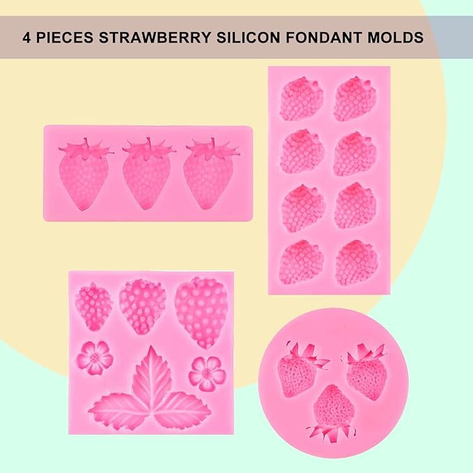 4 Pcs Strawberry Baking Mold Fruit Silicone Fondant Mold Strawberry Leaf Flower Chocolate Molds DIY Cupcake Molds for Candy Jelly Clay Ice Cream Soap Cake Topper Decoration