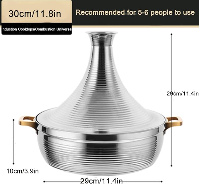 Stainless Steel Moroccan Tagine Pot, Large Moroccan Tajine Casserole with Cone-Shaped Lid, Non Stick Tagine Cooking Pot with 2 Handles(30cm/11.8in, Silver)