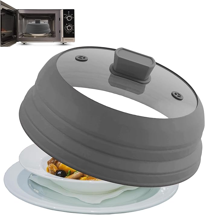 Collapsible Microwave Splatter Cover, Glass Silicone Foldable Microwave Lid for Food, 10.8 Inch Grease Splatter Guard for Pots, Pans & Bowls, Grey