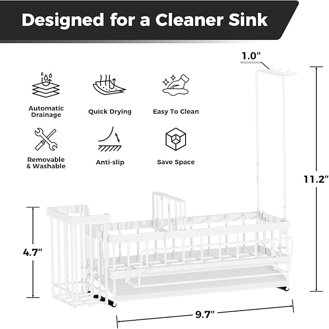 Sponge Holder for Kitchen Sink – Rustproof Stainless Steel with Detachable Drainboard, Brush Rack & Towel Bar | Compact, Non-Slip Design for Countertop Bathroom