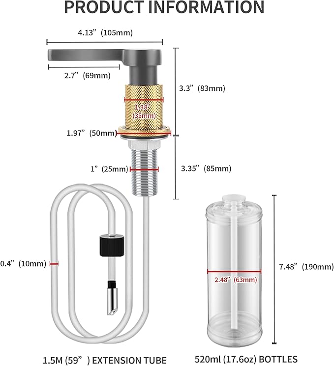 SD-80 All Brass Sink Soap Dispenser for Kitchen Sink Copper Pump Built in Dish Soap Dispenser with 17.6 oz(520ml) Bottle and 59"(1.5m) Extension Tube Kit (Gray)