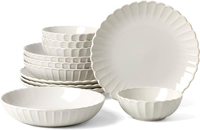Lenox Dinnerware Set, French Perle Scallop White 12-Piece Set, Service For 4, Stoneware, Dishwasher Safe, Microwave Safe, Plates and Bowls sets, Dish Set, Plate Set, Home And Kitchen (White, 12 Piece)
