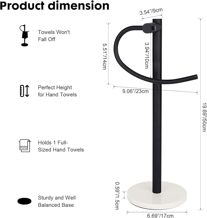 19 inch Matte Black Hand Towel Holder Stand ,Hand Towel Bar Bathroom Vanity Countertop Towel Holder Free Standing,Stainless Steel Towel Ring Hardware Accessories Towel Rack