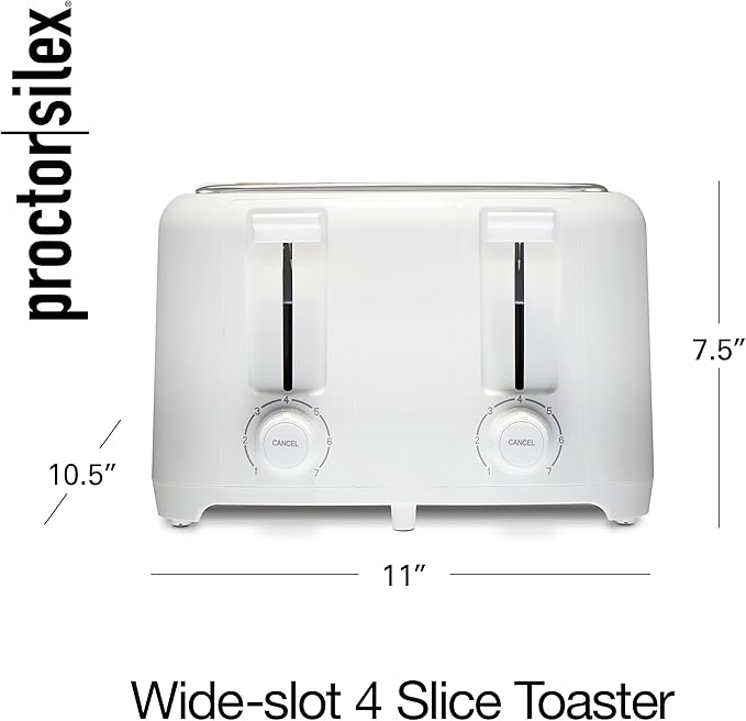 Proctor Silex 4 Slice Toaster with Extra Wide Slots for Bagels, Cool-Touch Walls, Shade Selector with 7 Browning Levels, Toast Boost, Auto Shut-off and Cancel Button, White (24214PS)