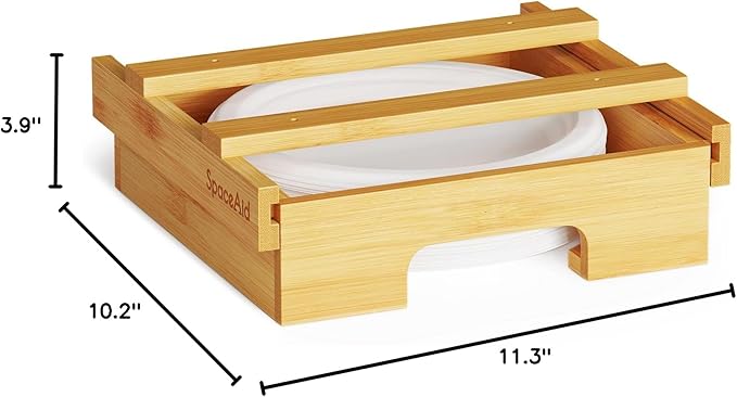 SpaceAid 9-inch Paper Plate Dispenser (Need 10.2 Inches Deep Cabinet Space) Under Cabinet Bamboo Plates Holder, Kitchen Vertical Dipensers Caddy, Bamboo