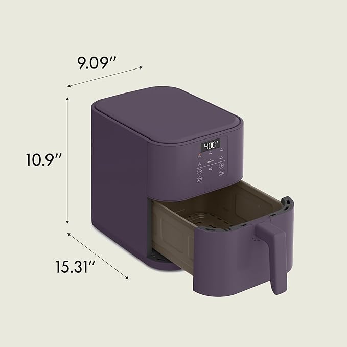 bella 6 Qt Slim Air Fryer, Fits-anywhere™ Kitchenware, EverGood™ Ceramic Nonstick Coating, Adjustable Temperature, 6 Preset Cooking Options, 60 Min Auto Shutoff w Audible Tone, 5lb Capacity, Plum