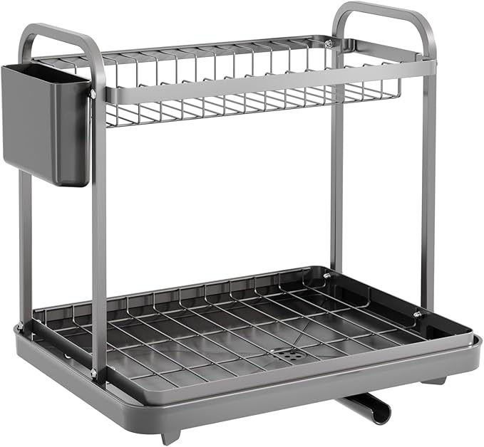 Sakugi 2-Tier Dish Drying Rack - Stainless Steel Dish Rack with Cutlery & Utensil Holders for Kitchen Counter, Sink Organization and Storage for Small Family, 15" W x 11.4" L x 15" H, Gray