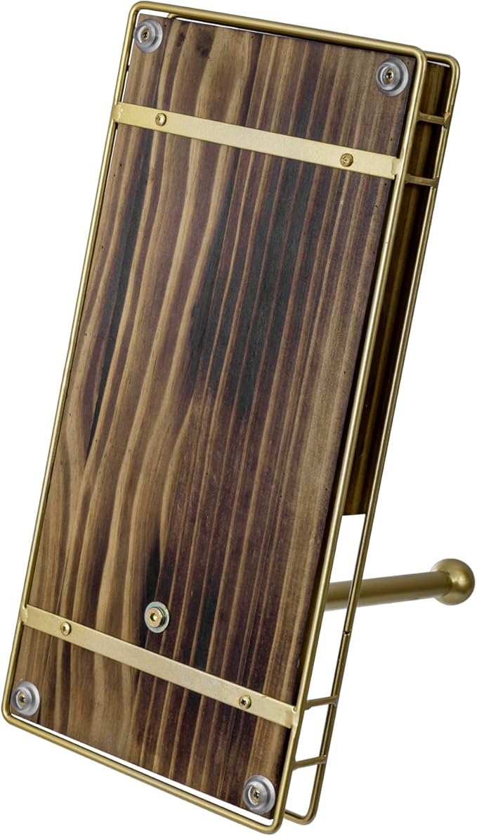 MyGift Rustic Kitchen and Dining Combo Caddy - Brown Wood and Brass Metal Paper Towel Roll Dispenser Stand, Napkin Holder, Spice Rack with 3 Shakers