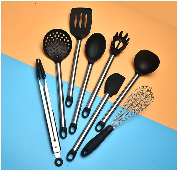 KSENDALO 9-Piece Silicone Cooking Utensils Set with Holder, Heat Resistant Kitchen Utensils Set of Slotted Spatula, Spoons, Whisk, Tong, Non Toxic Black Kitchen Tool Set for Nonstick Cookware, Black