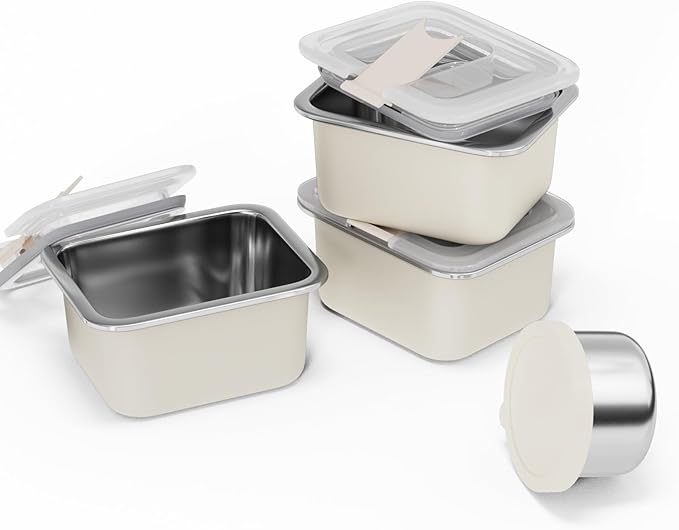 Bakpoco Stainless Steel Snack Lunch Containers for Kids, 3 Packs 12 oz Leak-Proof Lunch Box Containers, Microwave-Safe, Convenient Metal Small Food Storage Container with Lid for School, Work
