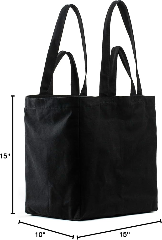 VeraMia Canvas Grocery Bag 3pc XL Set with Real Pockets, Long Shoulder Strap and Short Handle. Heavy Duty, Foldable, Washable